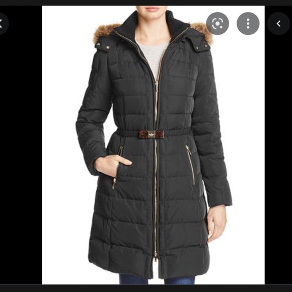 kate spade black Belted Faux Fur Trim Down Coat size xs nwot - Picture 2 of 11
